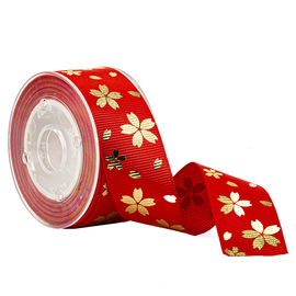 الشريط الأحمر Grosgrain مخصص مطبوعة زهرة الذهب لتغليف علب الهدايا